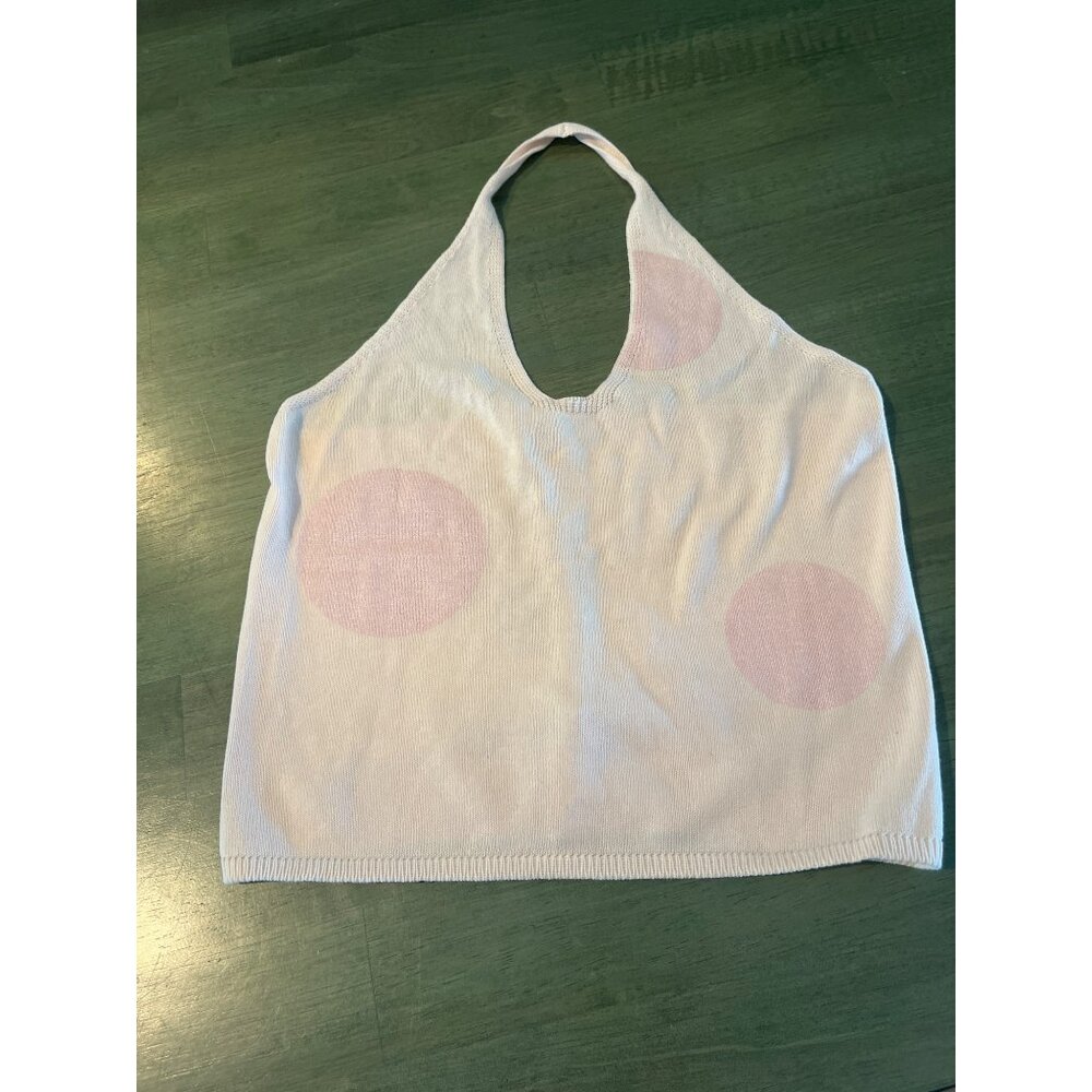 Pink Polka Dot Knit Halter Top Womens S Lightweight Stretchy